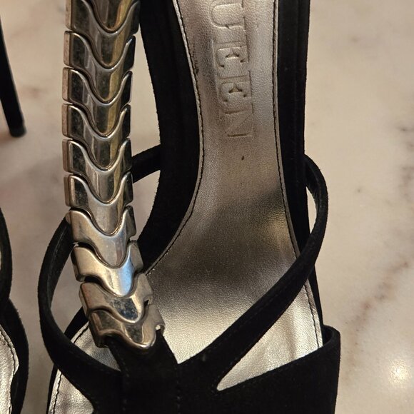Alexander McQueen Black Suede "Metal Snake" Ankle Strap Heels - Picture 5 of 12